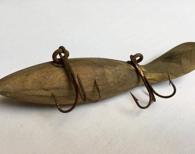 Storewide 25% Off SALE Antique Large Double Hook Primitive Heddon Fishing Lure Featuring Natural Wooden Hand Carved Design