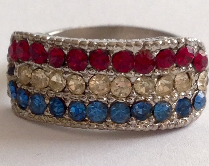 Storewide 25% Off SALE Vintage Silver Tone Rhinestone Encrusted Dome Style Designer Ring Featuring Channel Set Patriotic Design With Adjusta