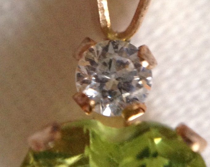 Storewide 25% Off SALE Vintage Peridot Heart Shaped 10k Gold Pendant & Necklace Featuring Solitaire Diamond Accent