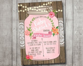 Girl Baby Shower Invitation Rustic Burlap Mason Jar Floral Pink Wood Laurel Wreath Lace Shabby Printable Digital I Customize For You