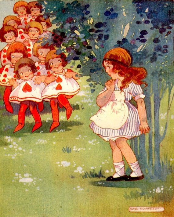 ALICE in WONDERLAND Kinder Print 1920 - Agnes Richardson - toen kwam de koninklijke kinderen werden er tien van hen - gematteerd klaar voor Frame