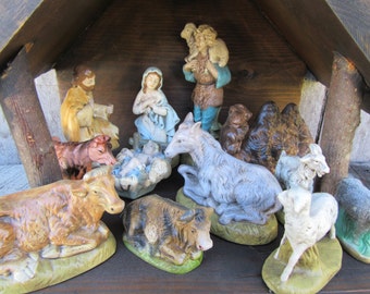 13 Nativity Figurines with Rustic Handmade Manger