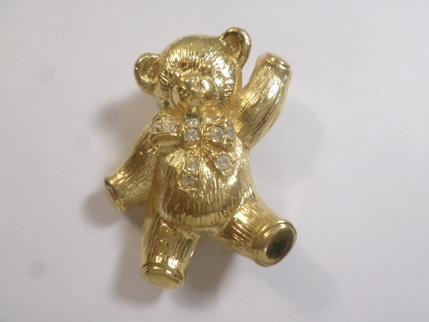 Vintage Gold Tone Teddy Bear Brooch With Rhinestones Signed