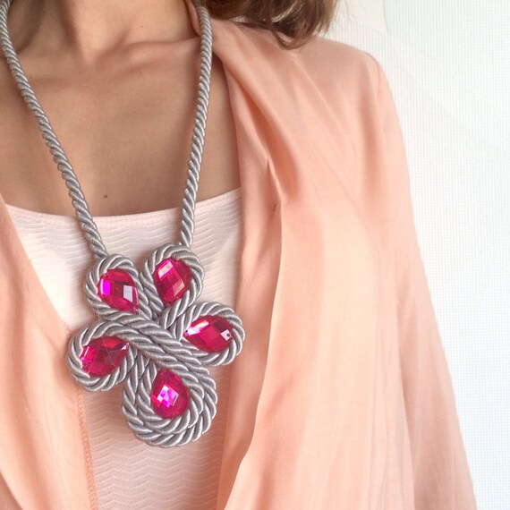 Items similar to Pink rhinestone necklace, Rope necklace, Grey necklace