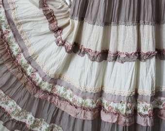 Picturesque maxi multi-tier skirt in boho style. Beige-caramel.