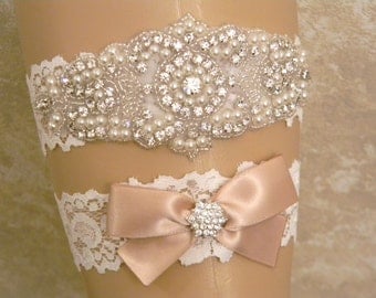 Wedding Garter Set, Champagne Bridal Garter Set, Pearl and Rhinestone Garter and Toss Garter Belt Set, Lace Wedding Garter Set, Lace Garters