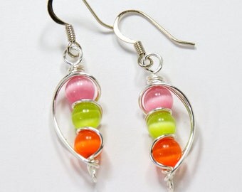 Tropical Earrings, Colorful Earrings, Bead Dangle Earrings, Colorful Jewelry, Pink Green Orange, Inexpensive Jewelry, Summer Earrings