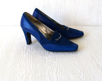 Vintage Leather Suede Cobalt Blue Chunky High Heel Pumps Women Shoes Size EUR 37 / US 4 / UK 6,5