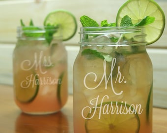 Mr Mrs Mason Jar Glass / Personalized Wedding Glasses / Engraved / Etched Gift / Set of 2, Add Your Date or Name / Rustic Wedding -48 Fonts