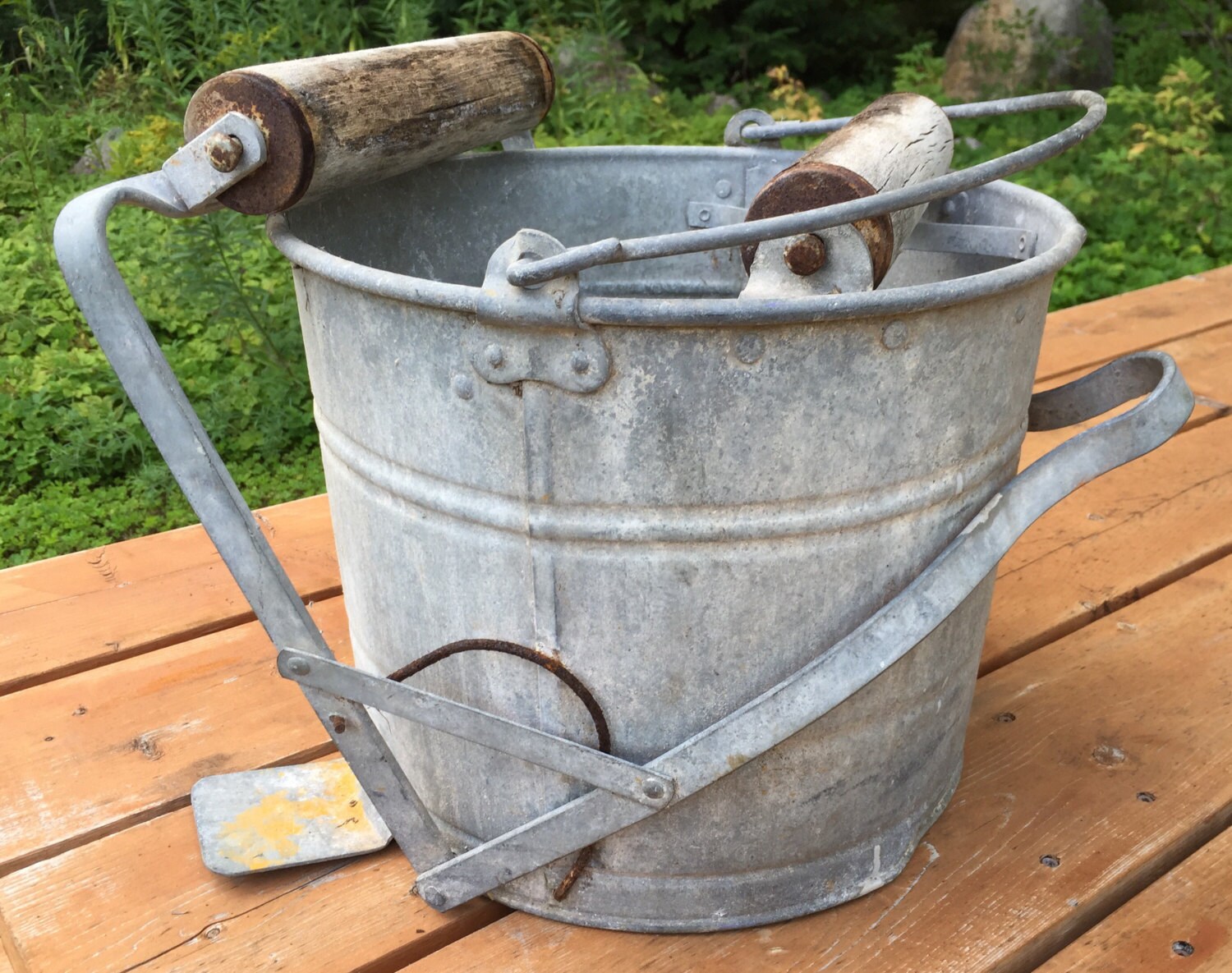 Vintage Atlantic Galvanized Metal Mop Bucket handle foot lever