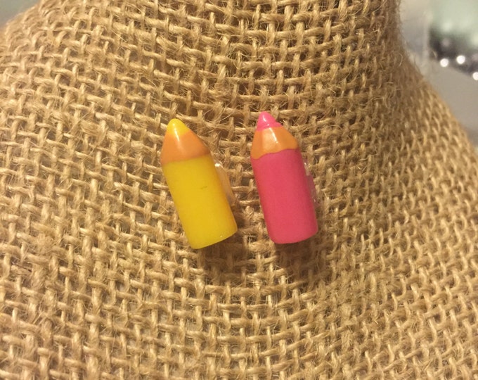 Mini Colored Pencil Earrings (Pink and Yellow)