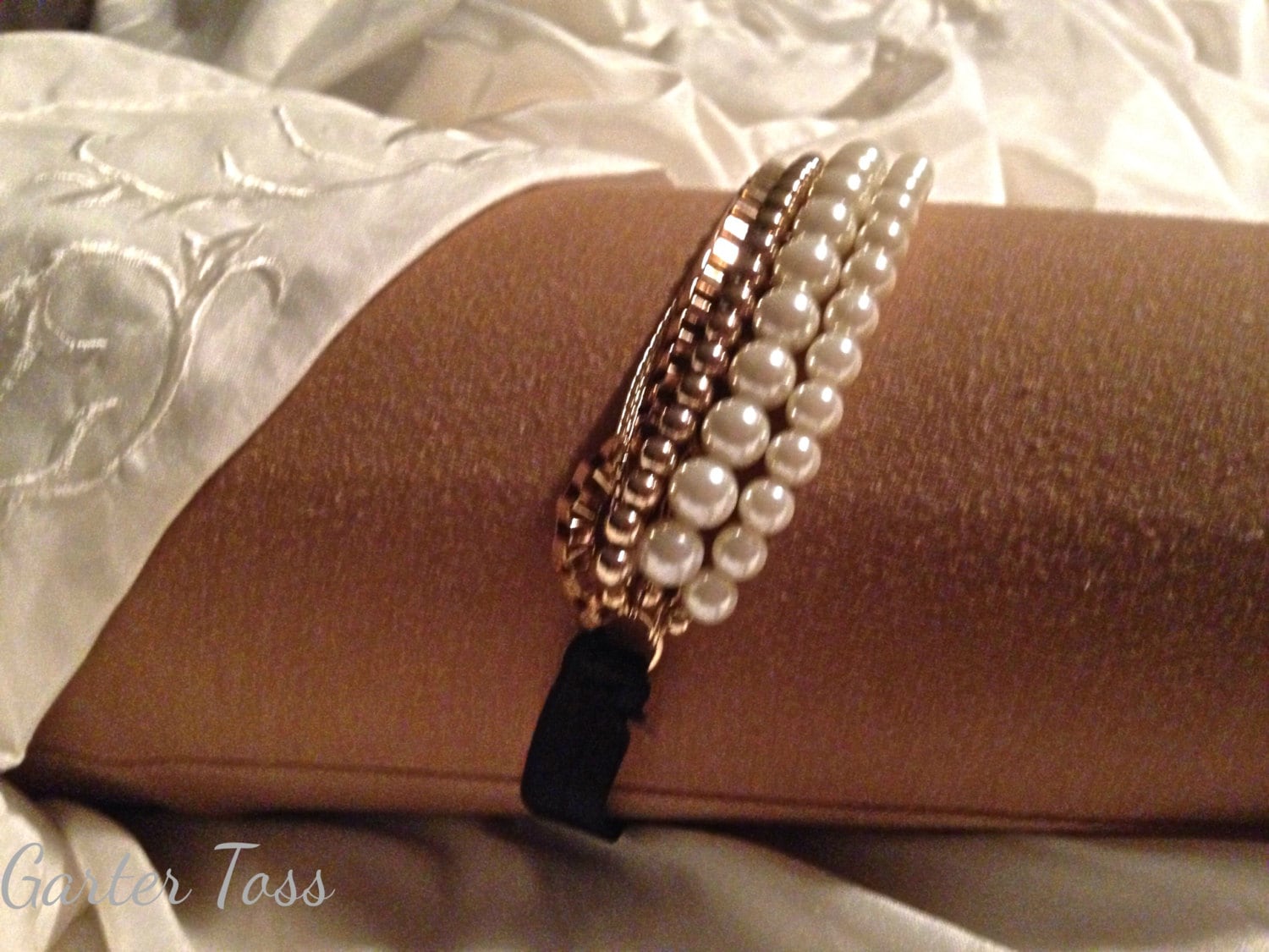 Wedding garter gold chain Pearl link by GarterToss on Etsy