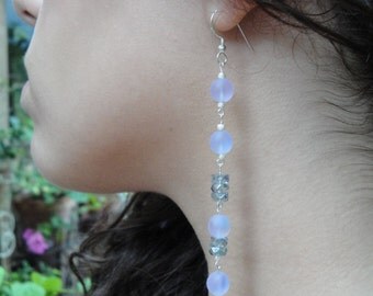 Long Dangle Earrings in Soft Grey/Clear Crystal and Sterling Silver (925)
