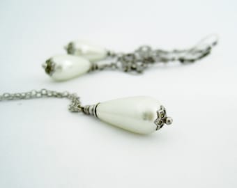 Bridal jewelry set vintage silver pearls bridal necklace bridal earrings antique silver