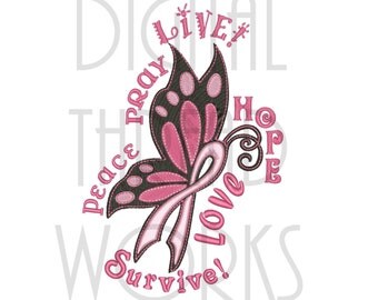 Awareness Butterfly Breast Cancer Machine Embroidery Design for 4x4, 5x7, and 6x10 inch Hoops. Instant Download. Words of Hope