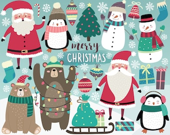 Christmas Clipart - Holiday Clipart, Cute Christmas Clip Art, Digital Clipart, Christmas Printables, Santa, Penguins, Snowman, Christmas DIY