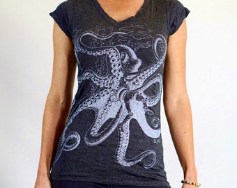 Women's Octopus V-neck Tee 100% Cotton Preshrunk Screen Print Graphic Babu Design Sure Festivals Lokazu Super Comfy Boho 2017