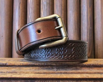 Celtic Leather Belt-Tooled Leather Belt-Celtic Leather Belt-Mens Leather Belt-Womans Leather Belt-Brown Leather Belt-10 oz thick Sz 34"-39"