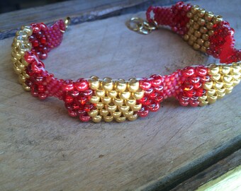 Vintage Style, Native American Style, Art Deco Beaded Bracelet Gold, Red, Pink, Ready to Ship, Great Gift, Hippie, Southwestern, Boho,