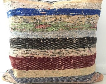 Rag Rug Pillow Cover, Ethnic, Handwoven, Turkish, Vintage, 004