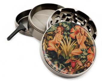 Jungle Girl Gun Metal Herb Grinder 4 Piece Premium Quality Zinc Titanium Metal Grinders 2.5" Wide Sexy Pin Up Girls Design