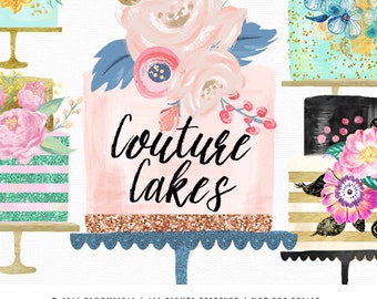Couture Cake Clip Art | Layered Tiers Cakes & Flowers Digital Graphics | Scrapbooking, Cards, Planner Stickers | Glitter Cliparts