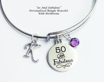 50th birthday. 50th birthday gift for women, Fiftieth Birthday. 50 and Fabulous. Bangle Bracelet. Birthstone Necklace.50 Years old.