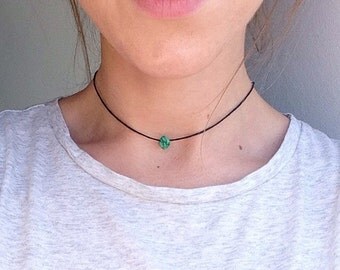 The Jasper Choker - Green Jasper raw crystal chip choker necklace on black cord, approx. 12 inch length. By Serenity Project