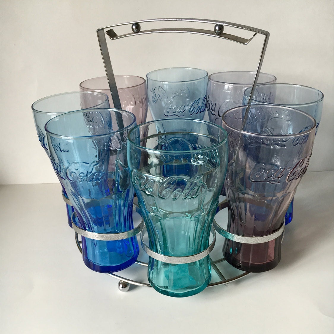 Vintage Drinking 8 Glass Set with Carrier Vintage Cocacola