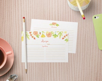 Recipe Cards Set of 15, 30 or 50 - Spring Floral Design - 4x6 Recipe Cards - High Quality Linen Cardstock