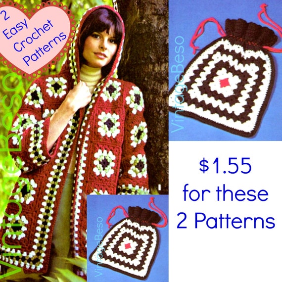 square pattern granny jacket crochet hooded Granny Hooded Crochet Pattern 1970s Vintage Sweater Square Pattern