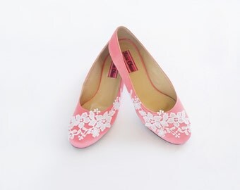 White Lace Pink Wedding Flats Blossom Floral Leave Blush Bridal Shoe Pastel Bridesmaid Ballet Flats Low Heel Wedding Shoe For Bride For Her