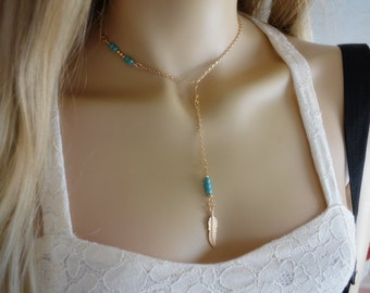 Leaf Y Necklace, Leaf Necklace, Lariat Necklace, Layered Necklace, Gold Leaf Necklace, Drop Pendant Leaf Necklace, Turquoise Necklace