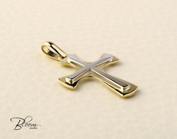 Gold Cross Pendant 14K Solid Gold Cross Necklace Two Tone Gold