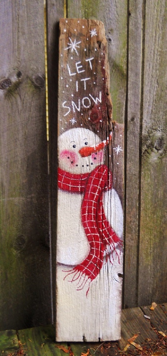 Primitive Snowman Barn Wood Let It Snow 39