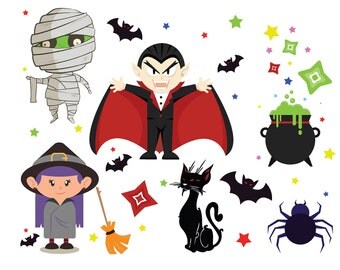 SALE! HALLOWEEN Digital Clipart Dracula Mummy Bat Clip Art Scrapbooking Invitations Happy Halloween Printable Digital Graphics png 300 dpi