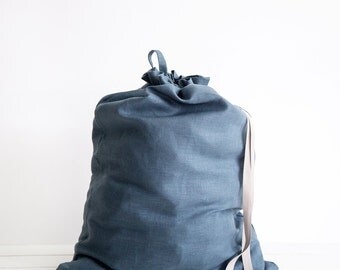 Large linen laundry bag - Large blue clothes bag - Natural linen drawstring Bag