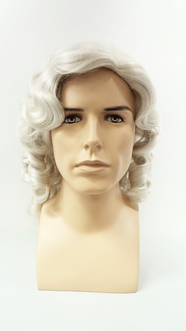 Mens Light Gray Curly Colonial Costume Wig. 1700s Style