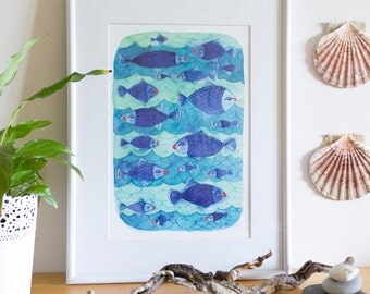 Blue Watercolor Fish Poster, Blue Watercolour Fish Print, Cute Fish Kids Nursery Poster, Affiche de Poisson Bleu en Aquarelle
