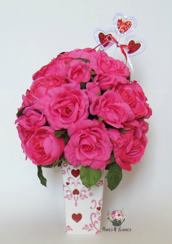 Hot Pink Rose Arrangement Artificial Flower by PinesNTwines
