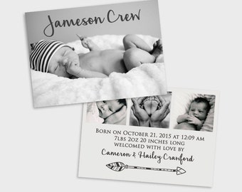Double Sided Birth Announcement Baby Boy Simple Modern Arrow Baby Announcement Card