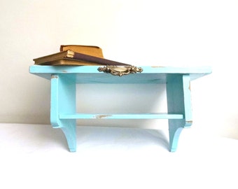 Vintage Rustic Wood Shelf Wall Floating Turquoise Double Kitchen Bathroom Shelves Organizer Plate Rack Primitive Farmhouse Display Case