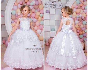 White Lace Flower Girl Dress - Birthday Holiday Wedding Party Bridesmaid WhiteTulle Lace Flower Girl Dress 15-022