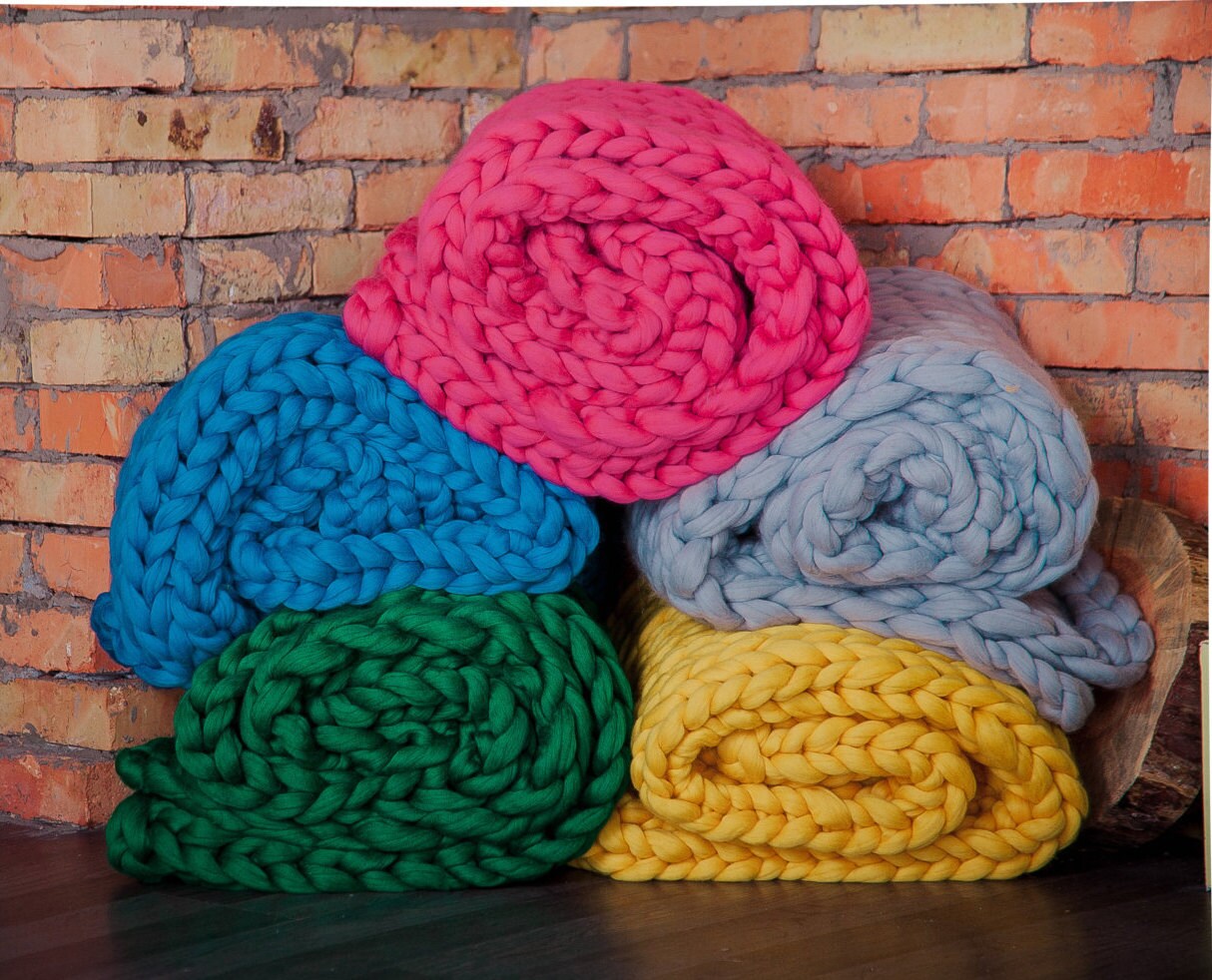 Chunky Wedding gift Hand Knit Blanket Bulky Throw Home Decor