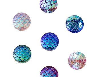 100 Resin Mermaid Cabochons, 12mm Fish Scale Dome Seals, Iridescent Cabochon Round, AB Color 12mm, 0192, 304a