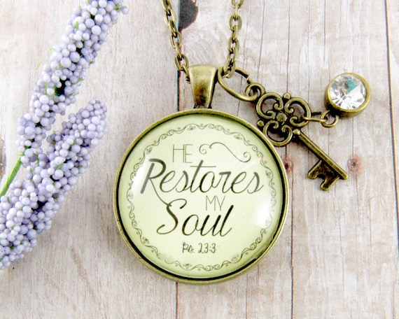 He Restores My Soul Bible Verse Necklace Inspirational Pendant