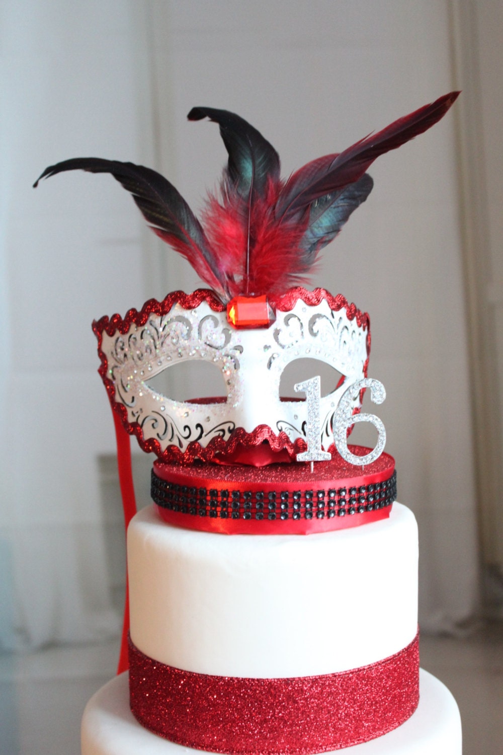 Masquerade White Red and Black Sweet 16 cake topper only