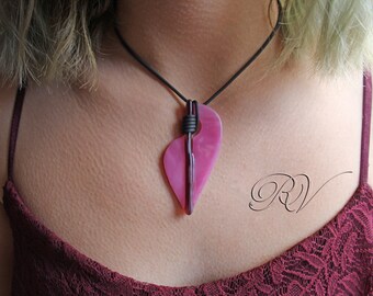 Pink Pendant Necklace, fused glass with rubber cord - Gift Idea
