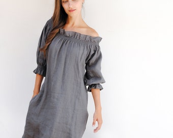 Linen off shoulder dress, loose linen tunic dress, plus size linen tunic dress, linen womens clothing, linen tunics for women