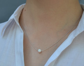 OPAL NECKLACE // Tiny Opal Necklace Silver - White Opal Ball Necklace - Dot Necklace - Single Bead Necklace - Opal Bead Necklace